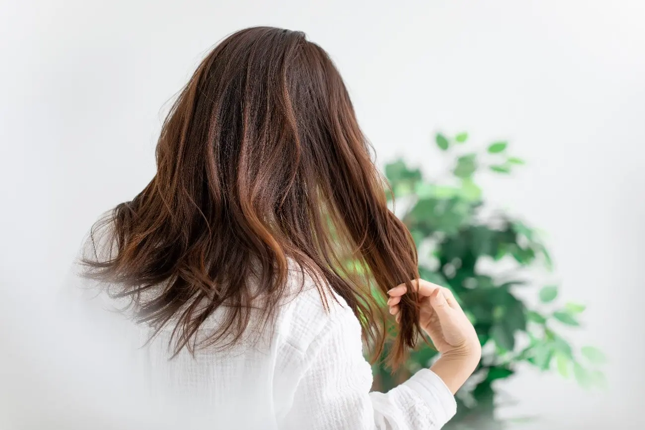 髪を手でとかす女性の後ろ姿