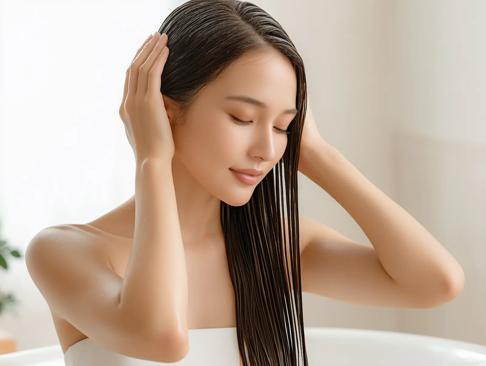 濡れた髪を触りながら斜め下を向く女性の画像