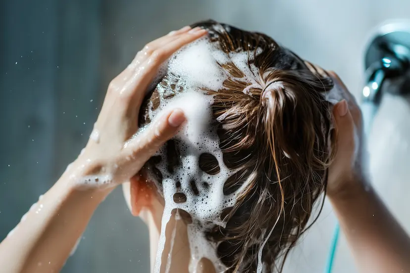 髪を洗う女性の後ろ姿の画像