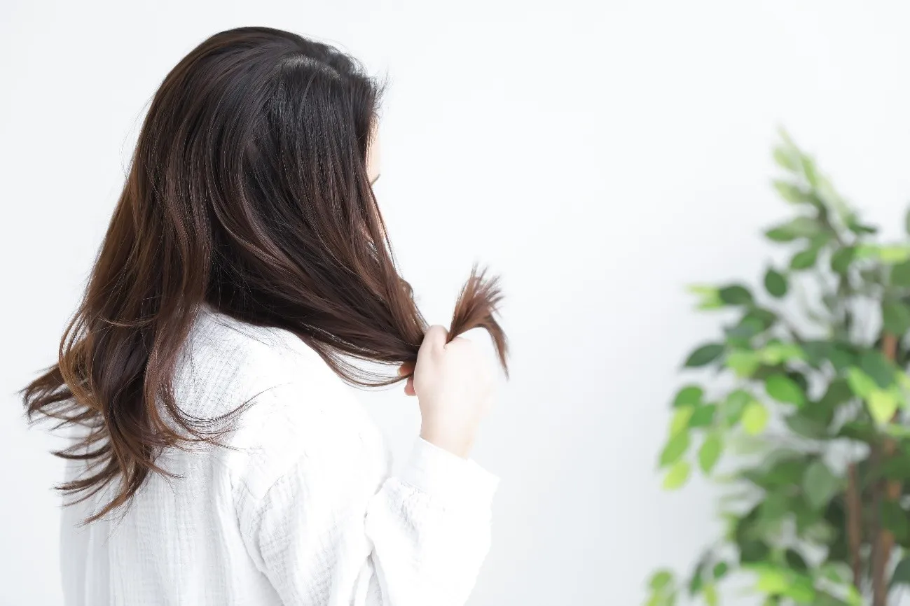 広がる毛先を手に取って確認する女性の後ろ姿